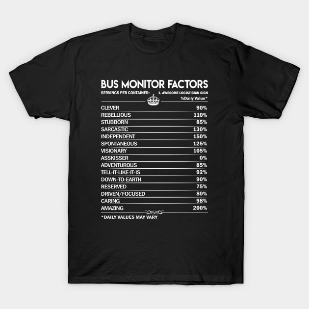 Bus Monitor T Shirt - Daily Factors 2 Gift Item Tee T-Shirt by Jolly358